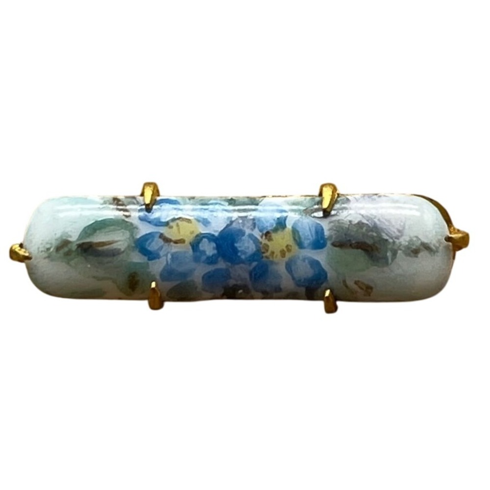 Blue Flower Oblong 1" Victorian Style painted Porcelain Bar‎ Pin Brooch